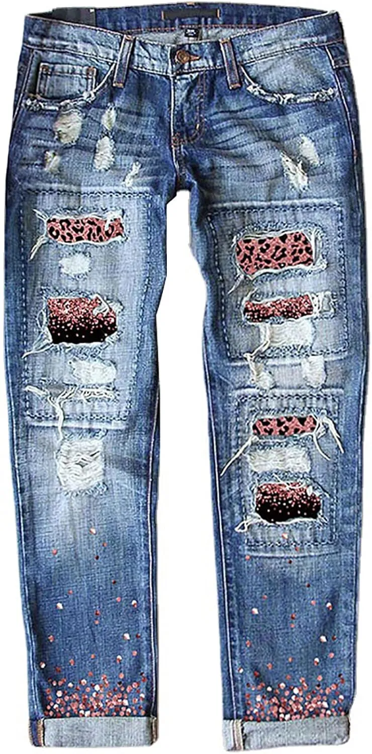 ZOCAVIA Women's Floral Ripped Skinny Jeans Straight Leg Jeans Mid Waisted Denim Jeans Stretch Slim Ankle Washed Denim Pants