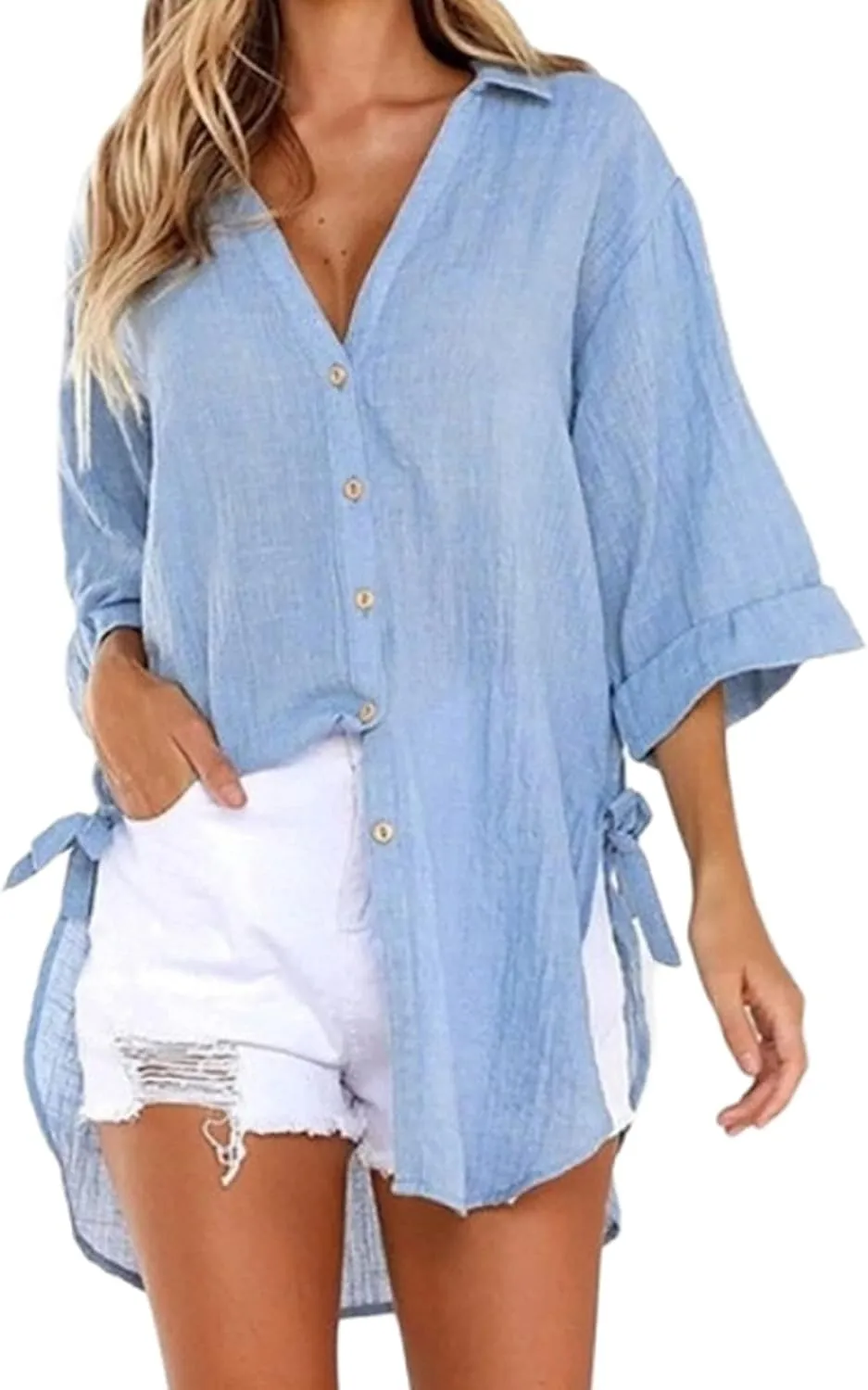Zontroldy 3/4 Sleeve Shirts for Women Summer Oversized Button Down Swimsuit Beach Bathing Cover Ups Shirt Blouse Tops