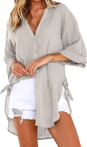 Zontroldy 3/4 Sleeve Shirts for Women Summer Oversized Button Down Swimsuit Beach Bathing Cover Ups Shirt Blouse Tops