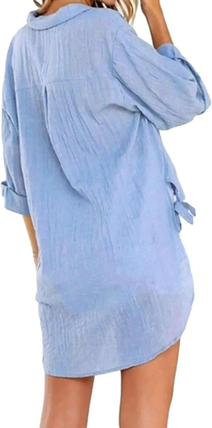 Zontroldy 3/4 Sleeve Shirts for Women Summer Oversized Button Down Swimsuit Beach Bathing Cover Ups Shirt Blouse Tops