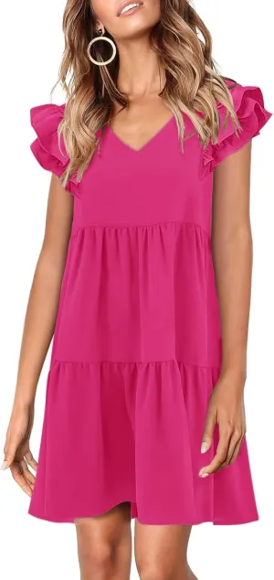 Zwurew Summer Babydoll Dresses for Women 2025 Cute Ruffle Cap Sleeve V-Neck Flowy Swing Mini Dress Sundress