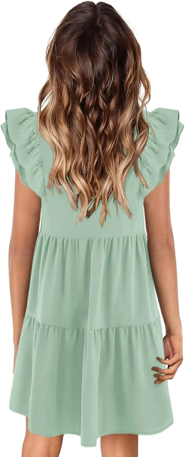 Zwurew Summer Babydoll Dresses for Women 2025 Cute Ruffle Cap Sleeve V-Neck Flowy Swing Mini Dress Sundress