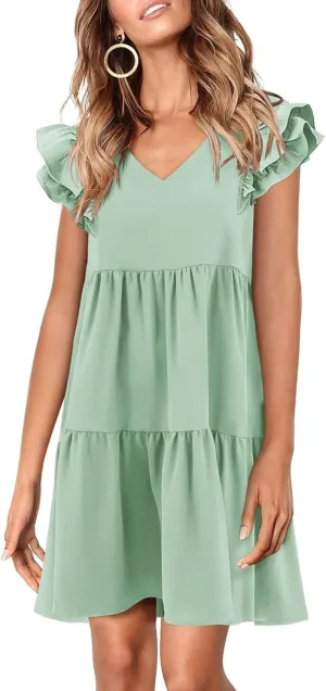 Zwurew Summer Babydoll Dresses for Women 2025 Cute Ruffle Cap Sleeve V-Neck Flowy Swing Mini Dress Sundress
